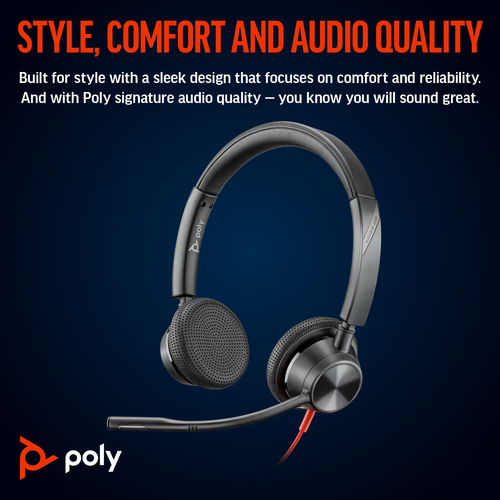 POLY Blackwire 3325 Stereo 3.5mm Plug +USB-C/A, Wired, Headset/Headphones, Black