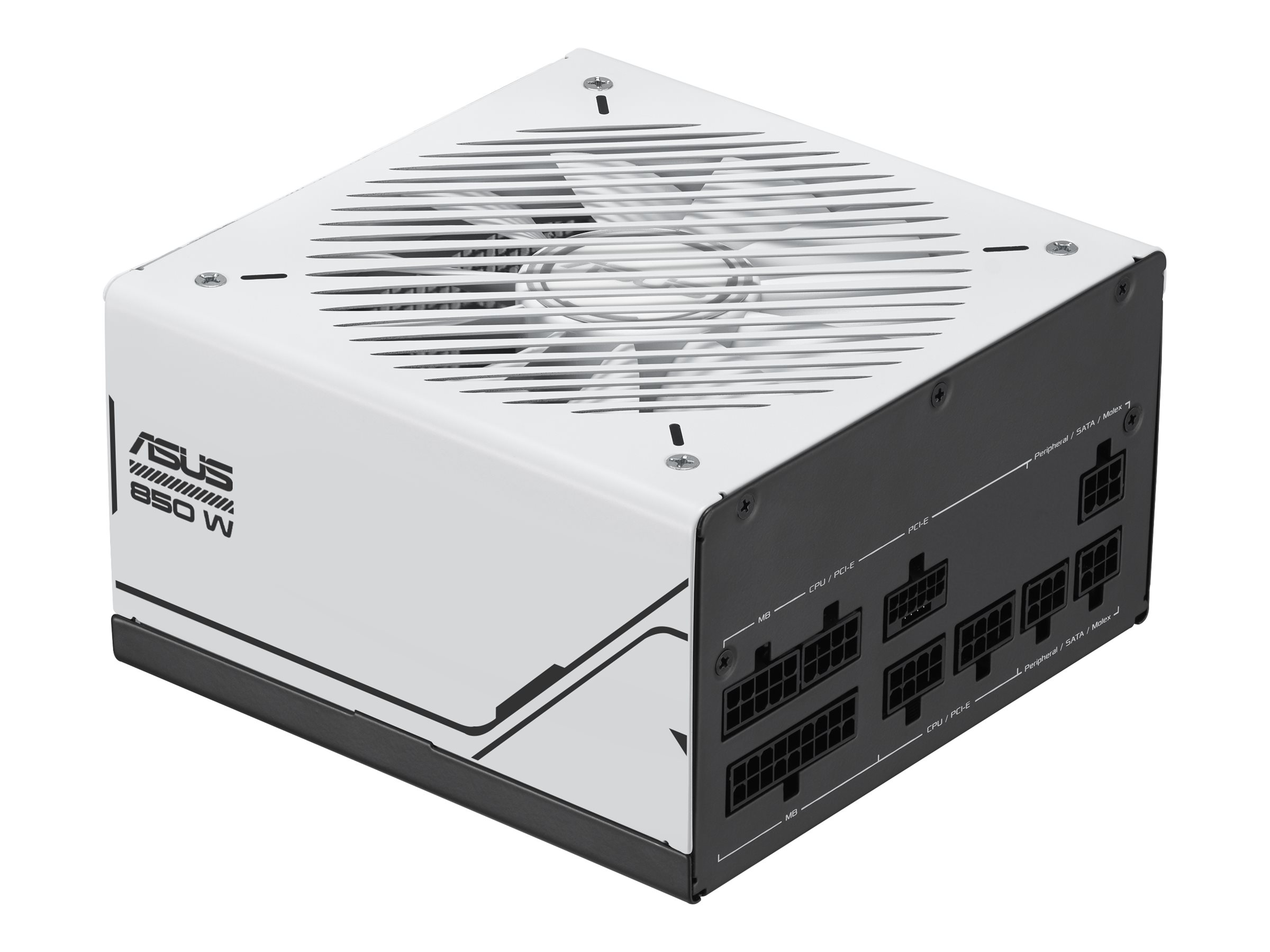 ASUS AP-850G PSU rear view highlighting PCIe, CPU, and SATA power connectors