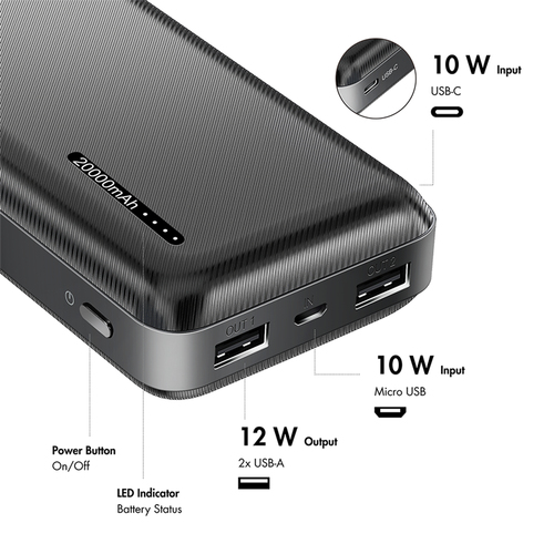 LogiLink PA0323, 20000 mAh, 12 W, Black Power Bank