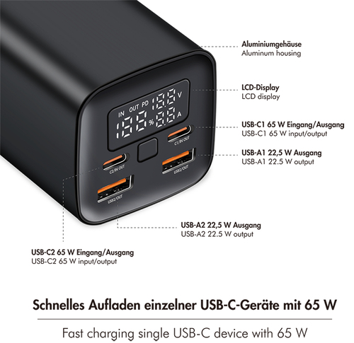 LogiLink PA0350, 20000 mAh, Lithium Polymer, , 65W, Black Power Bank
