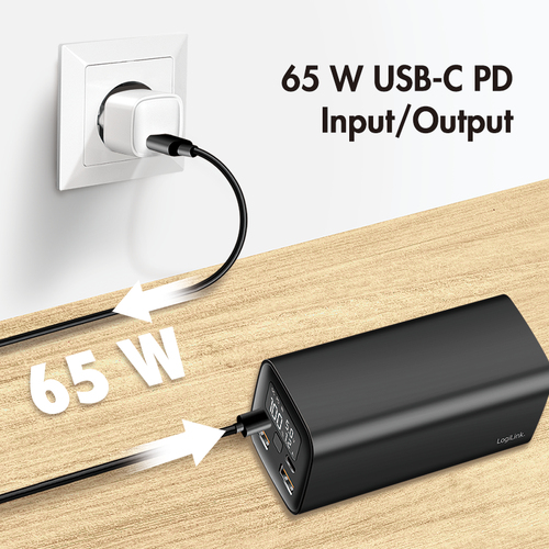 LogiLink PA0350, 20000 mAh, Lithium Polymer, , 65W, Black Power Bank