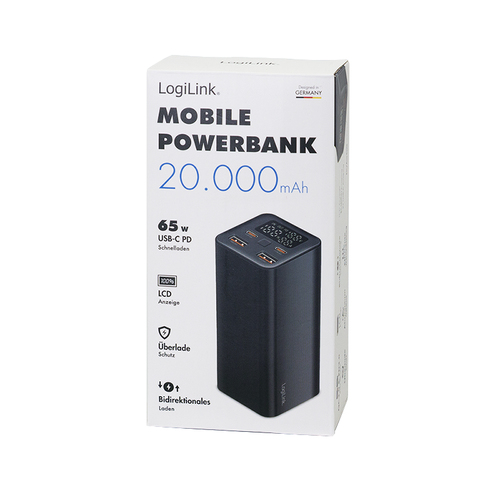 LogiLink PA0350, 20000 mAh, Lithium Polymer, , 65W, Black Power Bank