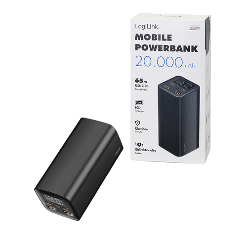 LogiLink PA0350, 20000 mAh, Lithium Polymer, , 65W, Black Power Bank