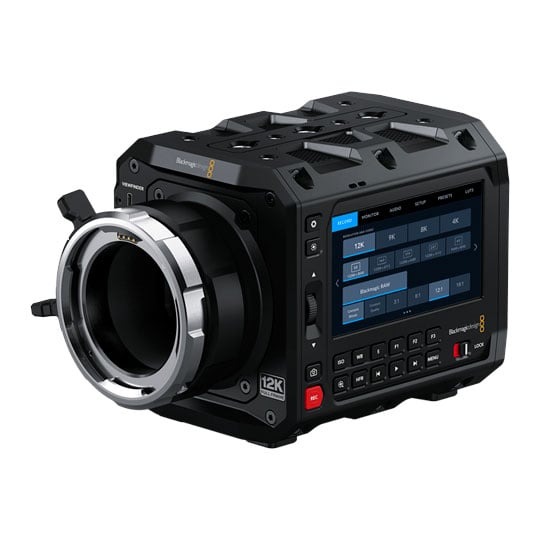 Blackmagic PYXIS 12K digital film camera front view with PL mount lens