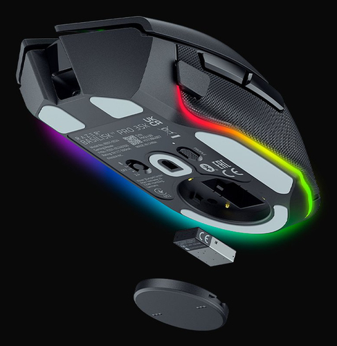 Razer Basilisk V3 Pro 35K gaming mouse with thumb rest and low-friction PTFE feet for precision