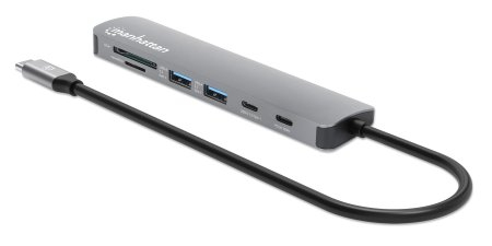 Manhattan USB-C hub connected to laptop providing charging and peripheral support