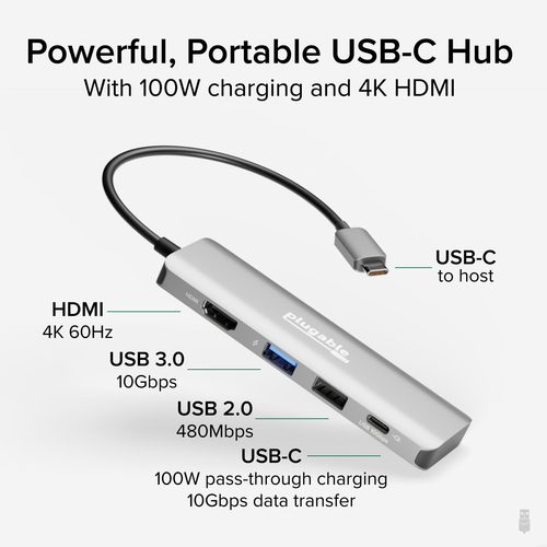 Plugable Technologies USB C Hub Multiport, 4 in 1 100W Pass Through Charging