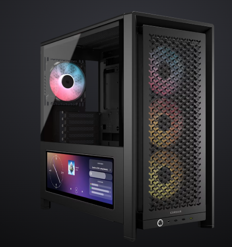 Corsair 4000D FRAME LCD RS ARGB black PC case front view with tempered glass.