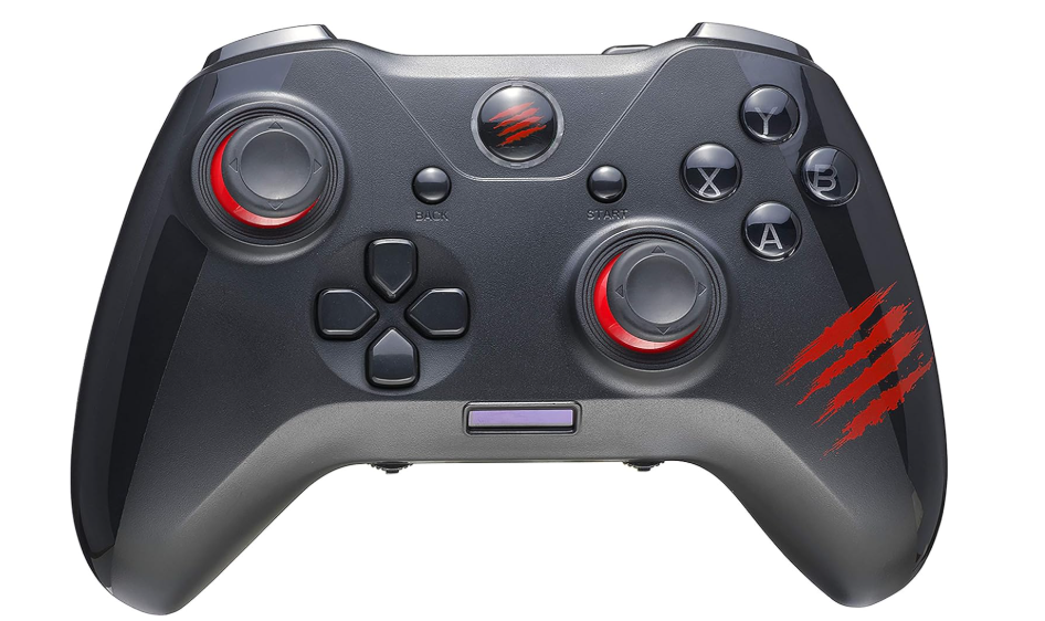 C.A.T. 7 wired game controller black showing 25 buttons and braided USB cable