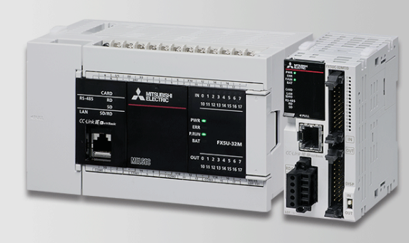 Mitsubishi Electric MELSEC iQ F Series FX5U compact PLC CPU controller front view with display and control ports