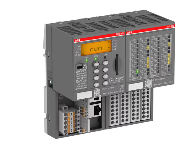 ABB AC500 PLC industrial automation controller with Ethernet ports and modular I O expansion