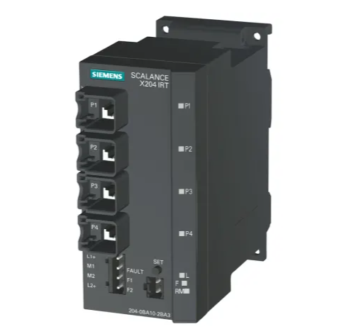 Siemens SCALANCE X204IRT switch showing front panel and status LEDs