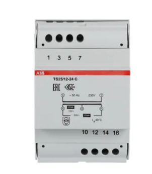 ABB 25W DIN rail transformer 230V to 24V with screw terminals