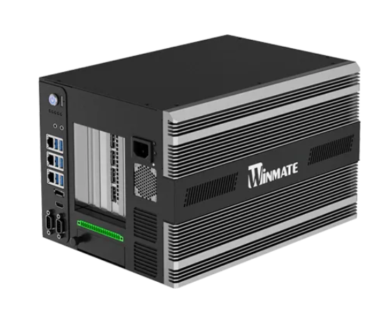 WNAI-E800 industrial computer side view with metal chassis and cooling fan design