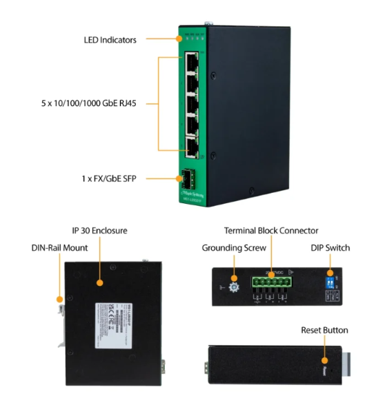 compact 5 port lite managed ethernet switch DIN rail mount black metal enclosure