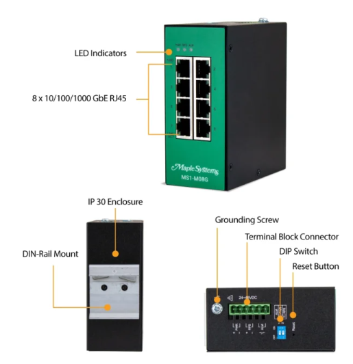 MS1-M08G industrial network switch DIN rail mount compact metal housing