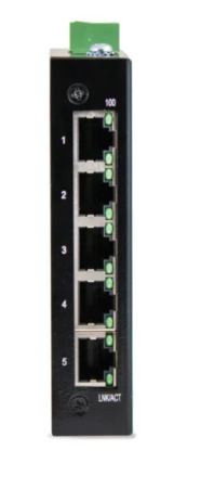 5 port unmanaged industrial network switch front view with RJ45 ports