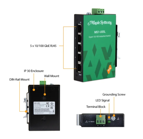 Close-up of 10/100Mbps RJ45 ports on unmanaged industrial switch