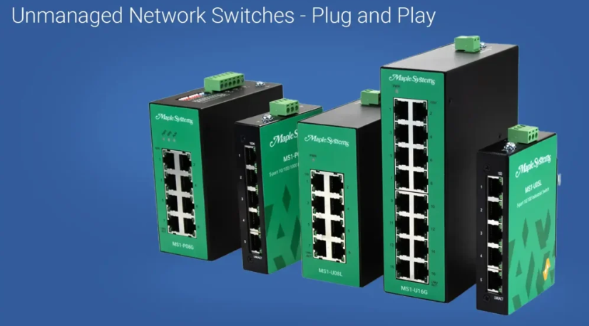 Side view of MS1-U05L industrial Ethernet switch showing DIN rail mount