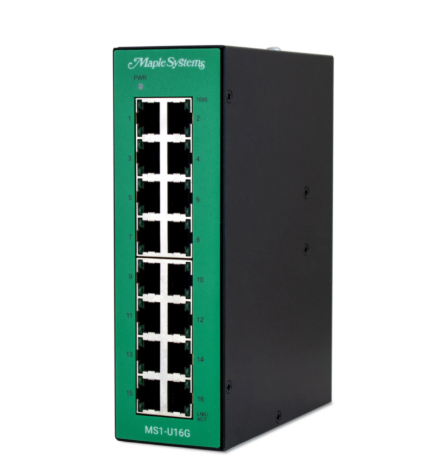Close-up of RJ45 ports on 16 port unmanaged Gigabit switch