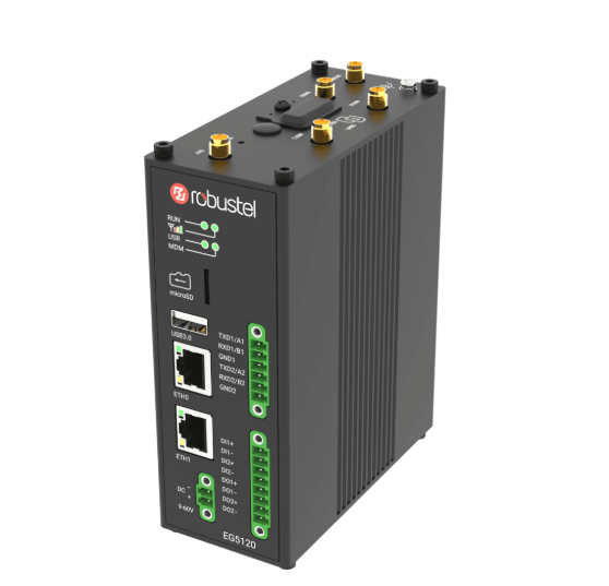 Robustel EG5120 edge computing gateway ports showing RS232 RS485 and USB