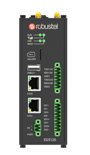 Robustel EG5120 IoT gateway front view with antennas and LED indicators
