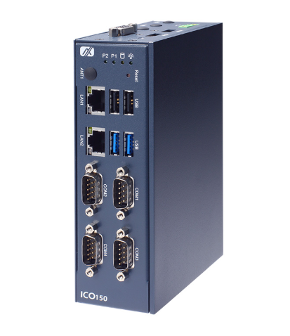 ICO150 DIN rail fanless embedded system front view with HDMI and dual LAN ports
