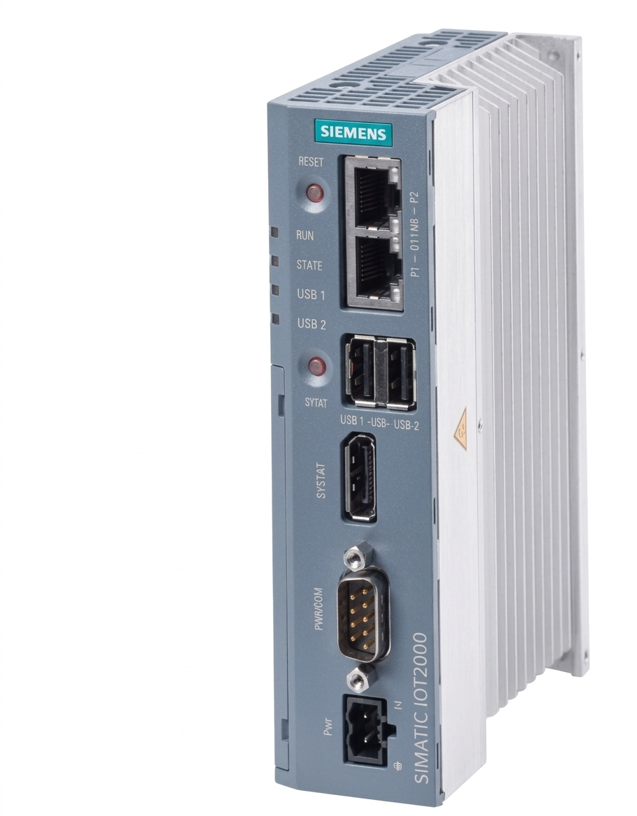 Siemens IOT2050 IoT gateway front view with dual Ethernet ports and compact design