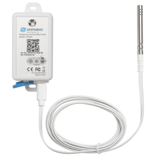 Close view of LoRaWAN temperature humidity sensor label and interface details on body