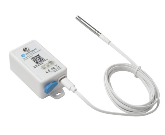 LoRaWAN temperature humidity sensor side profile showing mounting points and casing layout