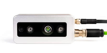 FRAMOS D435e depth camera front view with stereo IR sensors and GigE PoE port