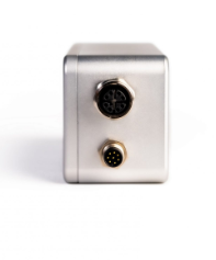 FRAMOS D435e depth camera side profile showing compact IP66 industrial housing