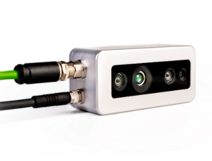 FRAMOS D435e depth camera close up showing dual lens active IR stereo system