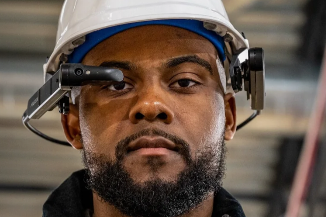 Vuzix M400 smart glasses camera lens close up with LED flash