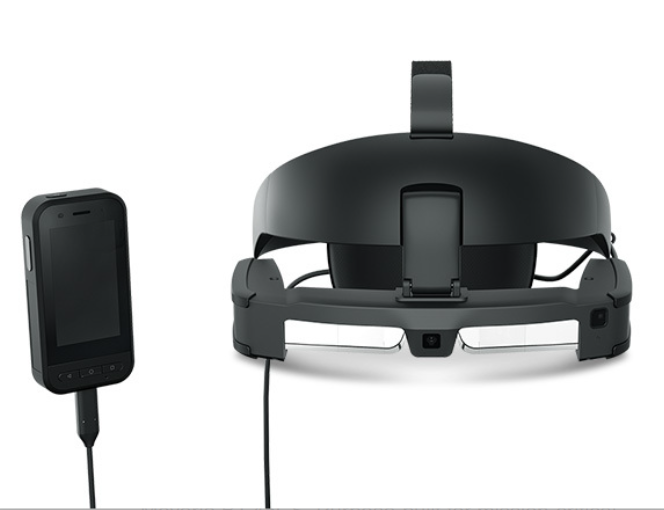 Moverio BT-45CS AR Smart Glasses with controller unit displaying connected handheld module