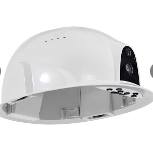 5G smart helmet camera GH01 front view with integrated 13MP lens and rugged helmet design