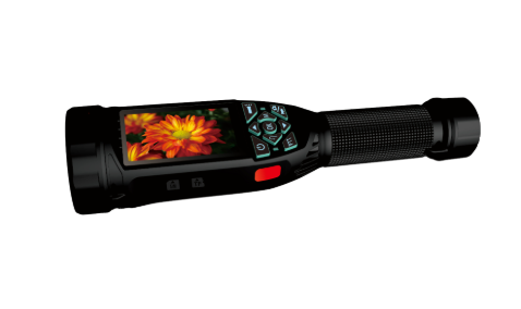 4G smart flashlight front view with built-in 13MP camera and 2.4 inch touchscreen display