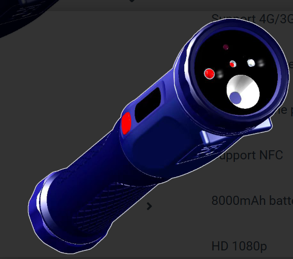 4G smart flashlight rear view with camera lens and GPS-enabled tracking device features