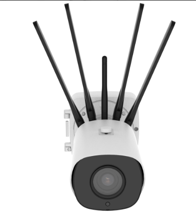 Outdoor surveillance IP camera mounted on wall with bracket support