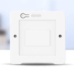 indoor air quality IAQ monitoring sensor showing compact wall mounted design with display and indicator LED