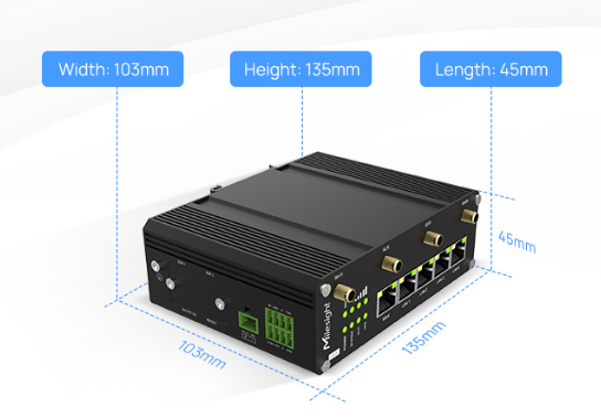Industrial cellular router UR35 side view RS232 RS485 serial ports
