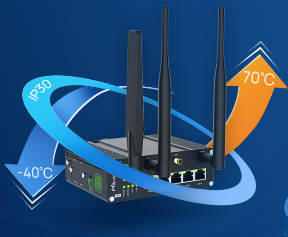 Industrial cellular router UR35 showing 5 RJ45 Ethernet WAN and LAN ports