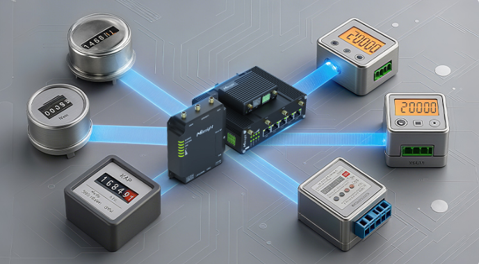 Industrial cellular router UR35 installed on DIN rail in control cabinet