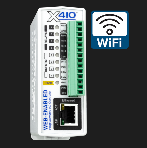 X-410 edge programmable controller front view with Ethernet port and relay indicators