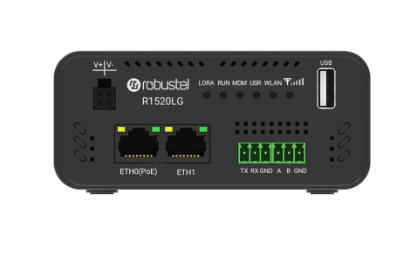 Robustel R1520-LG gateway showing dual Ethernet ports and SMA connectors