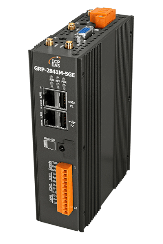 GRP-2841M-5GE industrial gateway showing Ethernet ports and COM interfaces close up