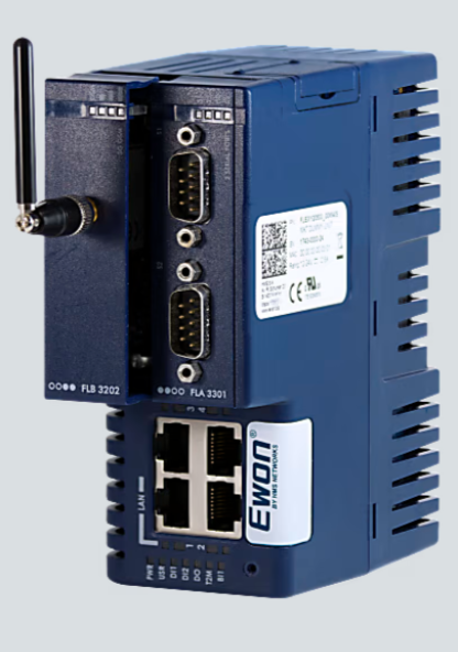 Ewon Flexy 205 industrial VPN gateway front view with DIN rail mounting design for IIoT connectivity