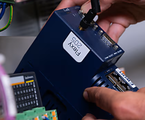 Ewon Flexy 205 gateway rear ports showing Ethernet interfaces and power connector layout