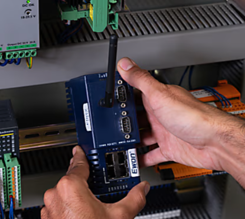 Ewon Flexy 205 industrial VPN gateway compact plastic housing with status indicators visible