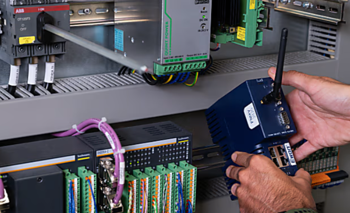 Ewon Flexy 205 IIoT gateway angled view highlighting RJ45 ports and slim industrial enclosure